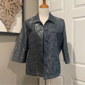 Alfred Dunner Women 16P Coat Jacket Blue Silver  3/4 Sleeve Button Metallic